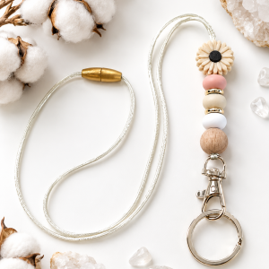 Daisy Beige and Wooden Bead Lanyard Keychain