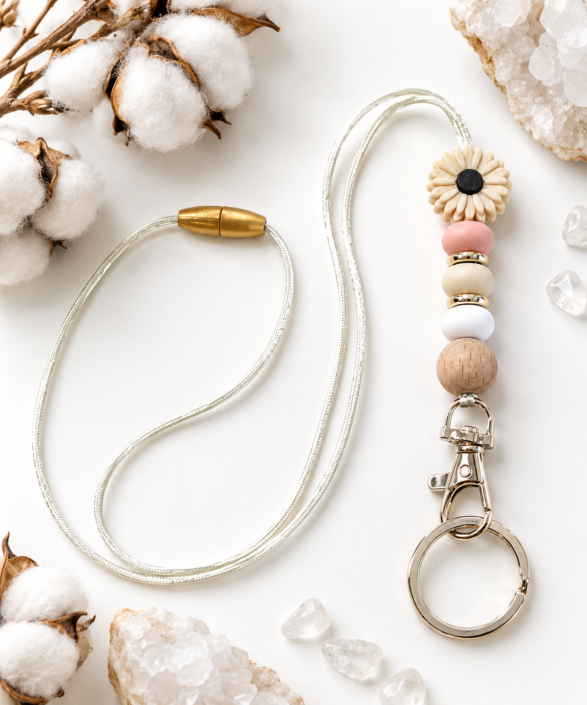 Daisy Beige and Wooden Bead Lanyard Keychain