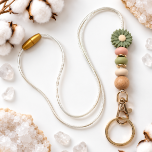 Daisy Pea Green and Wooden Bead Lanyard Keychain