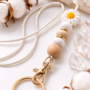 Daisy White and Wooden Bead Lanyard Keychain