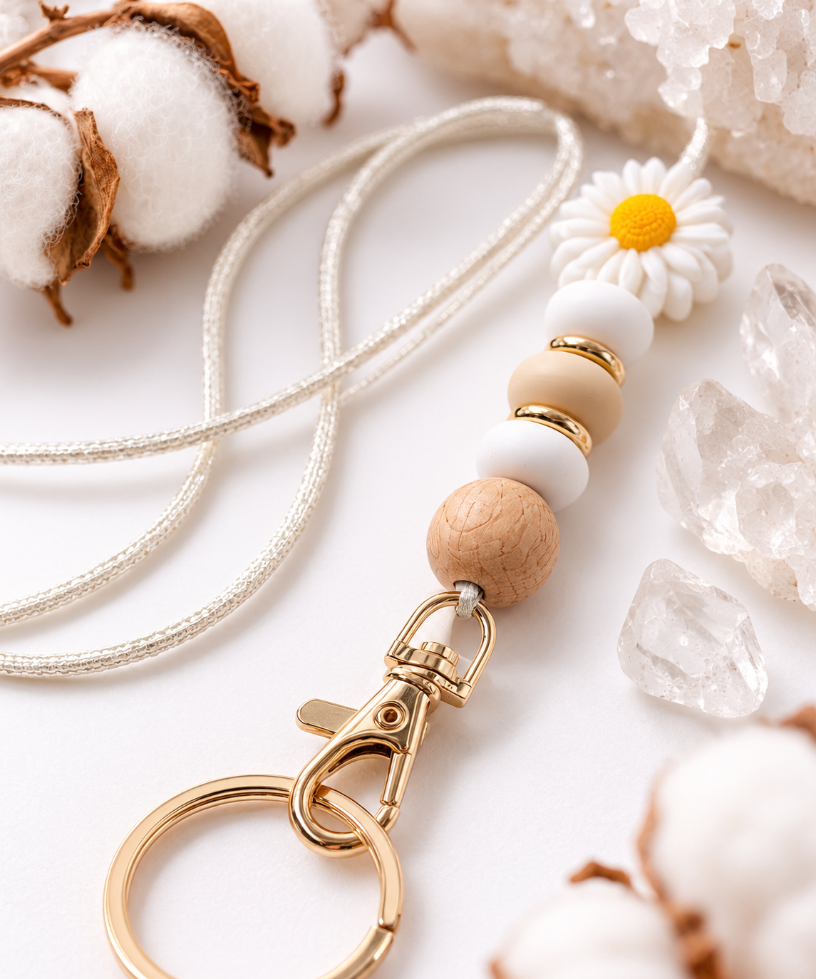 Daisy White and Wooden Bead Lanyard Keychain