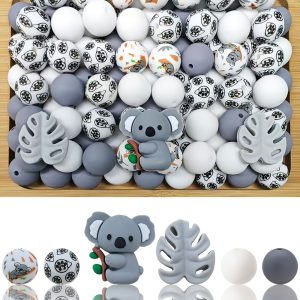 A 34-piece DIY silicone bead kit featuring a grey cartoon koala holding a branch, grey Monstera leaf focal shapes, solid grey and white round beads, and patterned beads with koala illustrations and black paw prints.